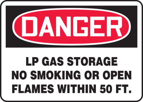 OSHA Danger Safety Sign: LP Gas Storage - No Smoking Or Open Flames Within 50 FT. 7" x 10" Aluma-Lite 1/Each - MSMK010XL