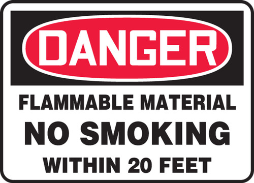 OSHA Danger Safety Sign: Flammable Material No Smoking Within 20 Feet 7" x 10" Adhesive Vinyl 1/Each - MSMK031VS
