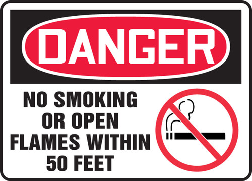 OSHA Danger Safety Sign: No Smoking Or Open Flames Within 50 Feet 10" x 14" Adhesive Vinyl - MSMK052VS