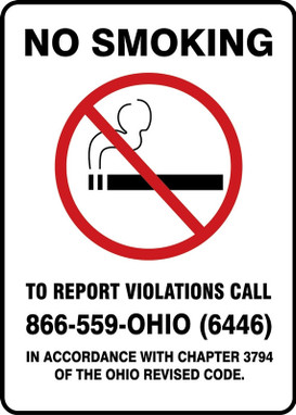 Safety Sign: No Smoking - To Report Violations Call - 866-559-OHIO (6446) - In Accordance With Chapter 3794 Of The Ohio Revised Code 14" x 10" Dura-Plastic 1/Each - MSMK444XT