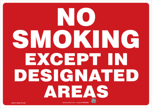 Smoking Control Sign: No Smoking Except In Designated Areas 10" x 14" Plastic 1/Each - MSMK598VP