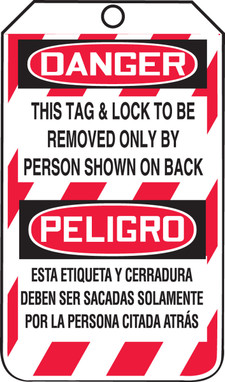 Spanish Bilingual OSHA Danger Lockout Tag: This Tag & Lock To Be Removed Only By Person Shown On Back Bilingual - Spanish/English HS-Laminate 5/Pack - MSPT505LTM