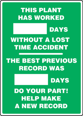 Write-A-Day Scoreboards: This Plant Has Worked _ Days Without A Lost Time Accident - The Best Previous Record Was _ Days - Do Your Part! 28" x 20" Aluminum 1/Each - MSR246AL