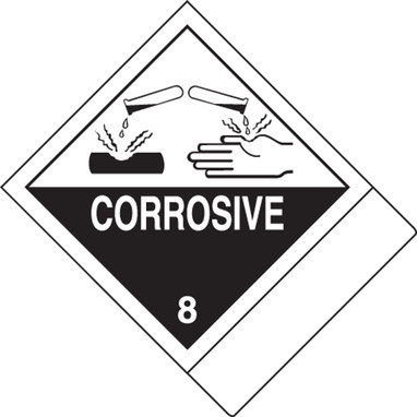 DOT Shipping Labels: Hazard Class 8: Corrosive w/ ID Tab 4" x 4 3/4" Adhesive Coated Paper Tab 500/Roll - MSS808