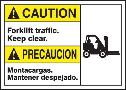 Spanish (Mexican) Bilingual ANSI ISO Caution Visual Alert Safety Sign: Forklift Traffic - Keep Clear 10" x 14" Plastic 1/Each - MTAS608VP