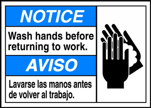 Spanish (Mexican) Bilingual ANSI Notice Visual Alert Safety Sign: Wash Hands Before Returning To Work 10" x 14" Dura-Plastic 1/Each - MTAS816XT
