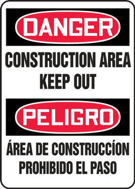 Bilingual Contractor Preferred OSHA Danger Safety Sign: Construction Area Keep Out 10" x 14" Plastic (.040") - SBEADM014CP