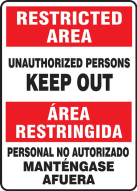 Bilingual Contractor Preferred Restricted Area Safety Sign: Unauthorized Persons - Keep Out 14" x 10" Adhesive Vinyl (3.5 mil) 1/Each - SBEADM908CS