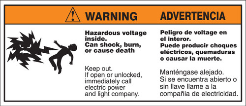 Bilingual ANSI Warning Safety Label: Hazardous Voltage Inside - Can Shock, Burn Or Cause Death (Mr. Ouch) 4 1/2" x 10 5/8" Adhesive Dura-Vinyl 1/Each - SBLELC396