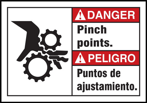 ANSI Danger Safety Labels: Pinch Points, Bilingual 5" x 3 1/2" Adhesive Vinyl 5/Pack - SBLEQM021VSP