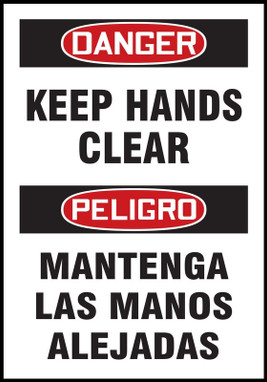 OSHA Danger Safety Labels: Keep Hands Clear, Bilingual 5" x 3 1/2" Adhesive Vinyl 5/Pack - SBLEQM279VSP