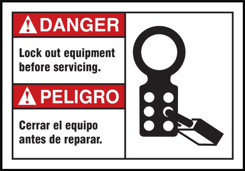 Bilingual ANSI Danger Safety Label: Lock Out Equipment Before Servicing 3 1/2" x 5" Adhesive Vinyl 5/Pack - SBLLKT001VSP