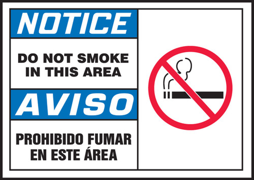Bilingual OSHA Notice Safety Label: Do Not Smoke In This Area 3 1/2" x 5" Adhesive Vinyl 5/Pack - SBLSMK803VSP