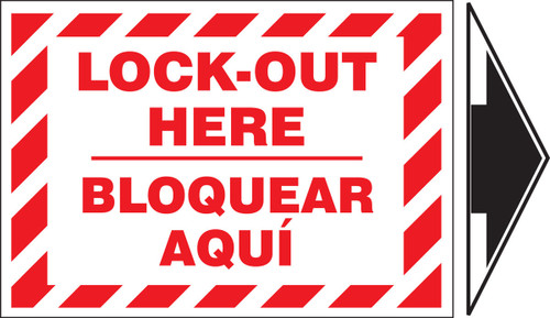 Bilingual Lockout/Tagout Label: Lockout Here (With Arrow) 3 1/2" x 5" + arrow - SBLSPS509VSP