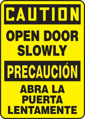 Bilingual OSHA Caution Safety Sign: Open Door Slowly Bilingual - Spanish/English 14" x 10" Aluminum 1/Each - SBMABR607VA