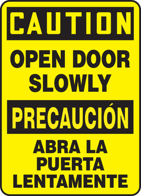 Bilingual OSHA Caution Safety Sign: Open Door Slowly Bilingual - Spanish/English 20" x 14" Aluminum 1/Each - SBMABR610VA