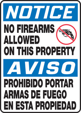 Bilingual OSHA Notice Safety Sign: No Firearms Allowed On This Property 14" x 10" Plastic 1/Each - SBMACC812VP