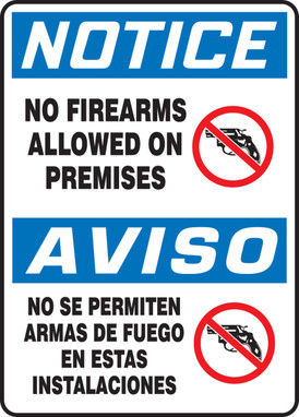 Bilingual OSHA Notice Safety Sign: No Firearms Allowed On Premises Bilingual - Spanish 14" x 10" Adhesive Dura-Vinyl 1/Each - SBMACC821XV