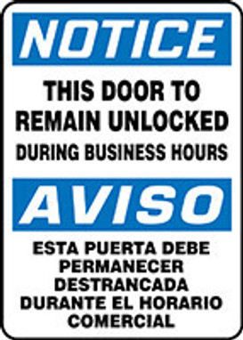 Bilingual OSHA Notice Safety Sign: This Door To Remain Unlocked 20" x 14" Plastic 1/Each - SBMADC809VP