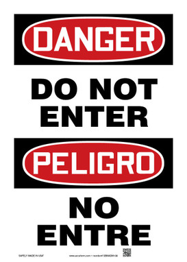 Bilingual OSHA Danger Safety Sign: Do Not Enter 14" x 10" Dura-Fiberglass 1/Each - SBMADM139XF