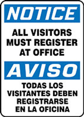 Bilingual OSHA Notice Safety Sign: All Visitors Must Register At Office 14" x 10" Dura-Fiberglass 1/Each - SBMADM893XF