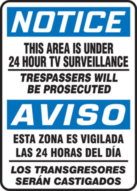 Bilingual OSHA Notice Safety Sign: This Area Is Under 24 Hour Tv Surveillance 14" x 10" Aluminum - SBMASE812VA