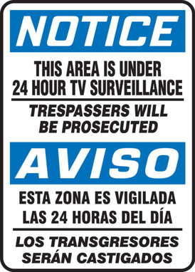 Bilingual OSHA Notice Safety Sign: This Area Is Under 24 Hour Tv Surveillance 14" x 10" Adhesive Vinyl - SBMASE812VS