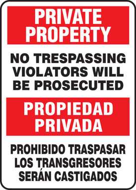 Bilingual Private Property Safety Sign: No Trespassing - Violators Will Be Prosecuted 14" x 10" Accu-Shield 1/Each - SBMATR510XP