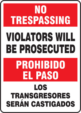 Bilingual No Trespassing Safety Sign: Violators Will Be Prosecuted 14" x 10" Aluminum 1/Each - SBMATR900VA