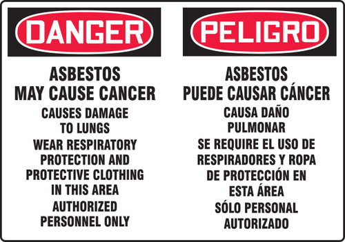 Bilingual OSHA Danger Sign: Asbestos May Cause Cancer (English, Español) Bilingual - Spanish/English 14" x 20" Plastic 1/Each - SBMCAW133VP