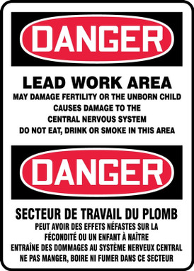 Bilingual OSHA Danger Safety Sign: Lead Work Area 14" x 10" Adhesive Vinyl - SBMCAW188VS