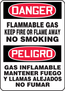 Bilingual Spanish OSHA Danger Safety Sign: Flammable Gas Keep Fire Or Flame Away No Smoking 14" x 10" Adhesive Vinyl 1/Each - SBMCHG062VS