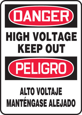 Bilingual OSHA Danger Safety Sign: High Voltage - Keep Out 14" x 10" Adhesive Dura-Vinyl - SBMELC128XV