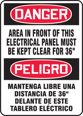 Bilingual OSHA Danger Safety Sign: Area In Front Of This Electrical Panel Must Be Kept Clear For 36 Inches 14" x 10" Dura-Plastic 1/Each - SBMELC186XT