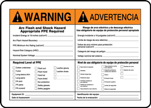 Bilingual ANSI Warning Safety Sign: Arc Flash 10" x 14" Plastic 1/Each - SBMELC364VP