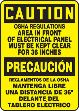 Bilingual OSHA Caution Sign: OSHA Regulations - Area In Front Of Electrical Panel Must Be Kept Clear For 36 Inches 14" x 10" Aluma-Lite 1/Each - SBMELC648XL