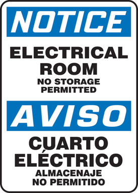 Bilingual OSHA Notice Safety Sign: Electrical Room - No Storage Permitted 14" x 10" Adhesive Vinyl 1/Each - SBMELC804VS