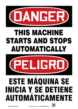 Bilingual OSHA Danger Safety Sign: This Machine Starts And Stops Automatically 14" x 10" Aluminum - SBMEQM152VA