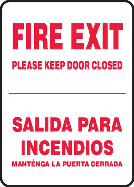 Bilingual Safety Sign: Fire Exit - Please Keep Door Closed 14" x 10" Adhesive Dura-Vinyl 1/Each - SBMEXT409XV