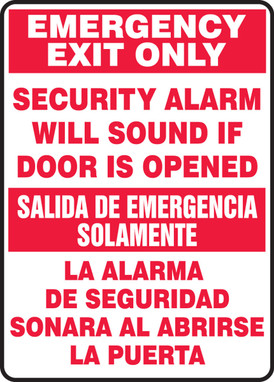 Bilingual Safety Sign: Emergency Exit Only - Security Alarm Will Sound If Door Is Opened 14" x 10" Dura-Fiberglass 1/Each - SBMEXT566XF