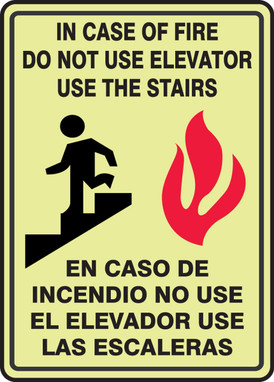 Bilingual Glow-In-The-Dark Safety Sign: In Case Of Fire Do Not Use Elevator - Use The Stairs 14" x 10" Lumi-Glow Plus+ Adhesive 1/Each - SBMEXT914GH