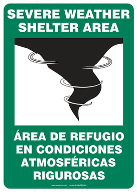 Bilingual Safety Sign: Severe Weather Shelter Area 14" x 10" Adhesive Vinyl - SBMFEX524VS