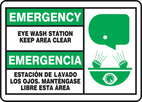 Bilingual Emergency Safety Sign: Eye Wash Station - Keep Area Clear 10" x 14" Plastic - SBMFSD927MVP