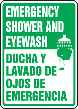 Bilingual Safety Sign: Emergency Shower And Eyewash 14" x 10" Adhesive Dura-Vinyl 1/Each - SBMFSR500XV