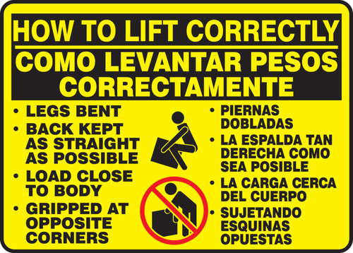 Bilingual Safety Sign: How To Lift Correctly 10" x 14" Adhesive Vinyl 1/Each - SBMGSH501VS