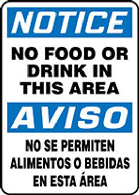 Spanish Bilingual OSHA Notice Safety Sign: No Food Or Drink In This Area 14" x 10" Plastic 1/Each - SBMHSK838VP