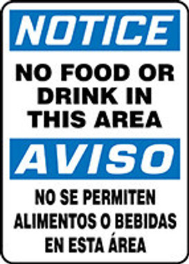 Spanish Bilingual OSHA Notice Safety Sign: No Food Or Drink In This Area 14" x 10" Dura-Fiberglass 1/Each - SBMHSK838XF