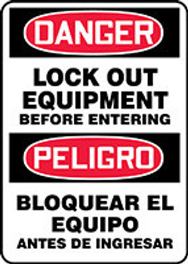 Spanish Bilingual OSHA Danger Safety Sign: Lock Out Equipment Before Entering 20" x 14" Adhesive Vinyl 1/Each - SBMLKT025VS