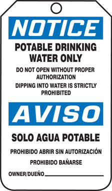 Bilingual OSHA Notice Safety Tag: Potable Drinking Water Only Bilingual - Spanish/English RP-Plastic 5/Pack - SBMNT246PTM