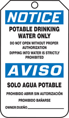 Bilingual OSHA Notice Safety Tag: Potable Drinking Water Only Bilingual - Spanish/English RP-Plastic 25/Pack - SBMNT246PTP